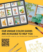 Color guide displayed on tablet alongside brush and watercolor painting for 15 Sheets 140LB Essential-Themed Watercolor Coloring Book