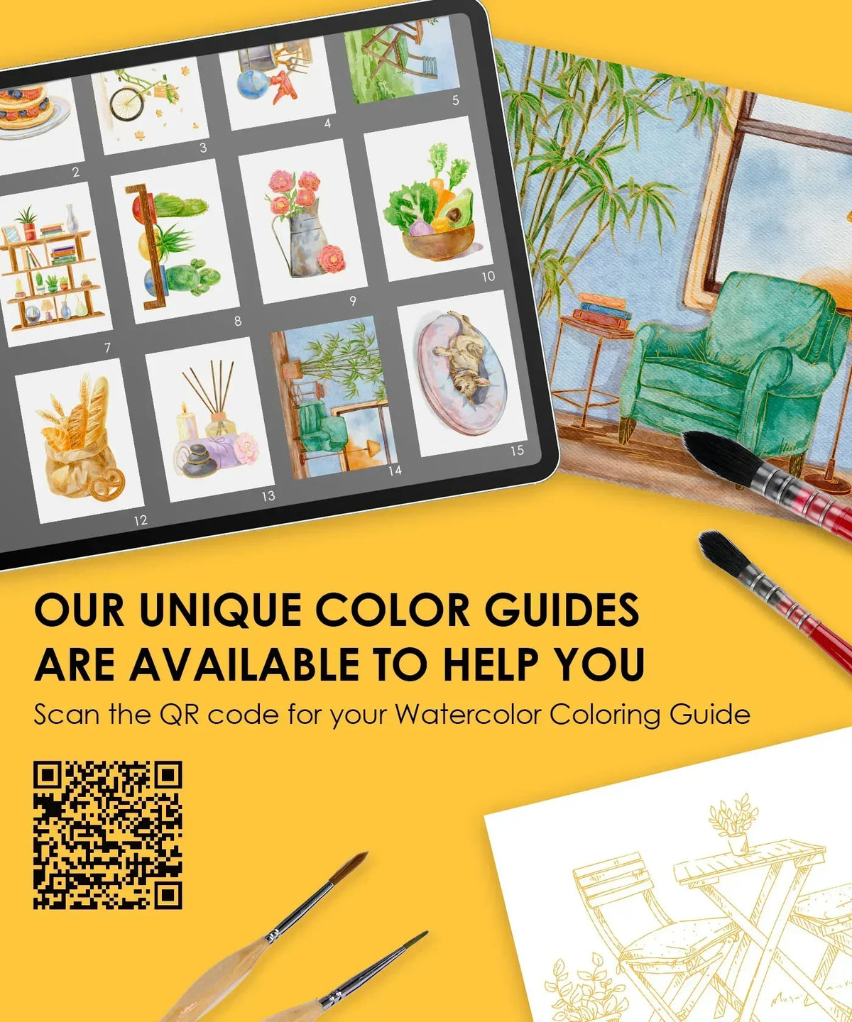 Color guide displayed on tablet alongside brush and watercolor painting for 15 Sheets 140LB Essential-Themed Watercolor Coloring Book