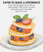 15 Sheets 140LB Essential-Themed Watercolor Coloring Book page showing painted stack of pancakes with berries artwork