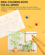 15 Sheets 140LB Essential-Themed Watercolor Coloring Book with paintbrushes, watercolor paints, and a colored page of a plant and chair