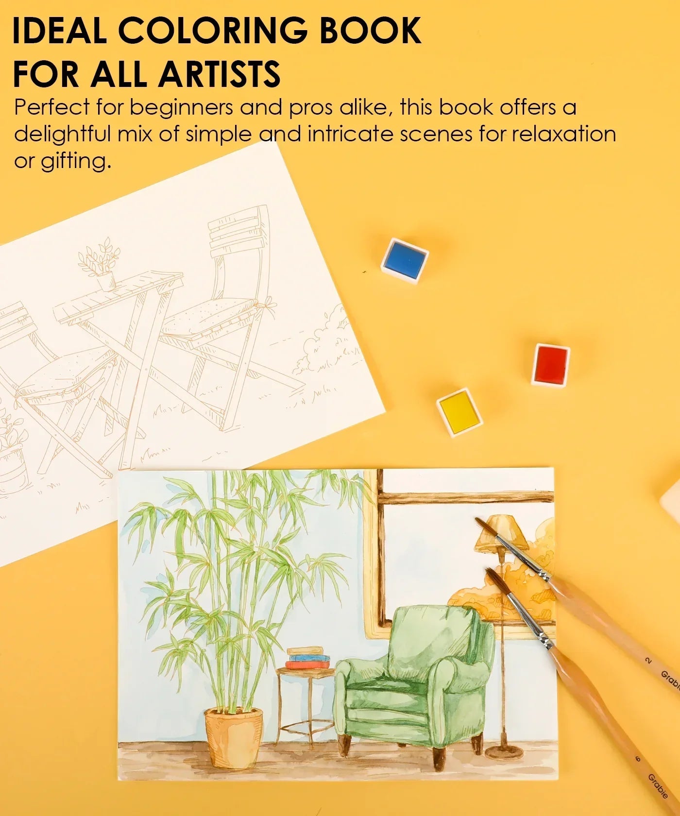 15 Sheets 140LB Essential-Themed Watercolor Coloring Book with paintbrushes, watercolor paints, and a colored page of a plant and chair