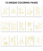 15 Sheets 140LB Essential-Themed Watercolor Coloring Book showing 15 unique line art pages for creative coloring with art supplies