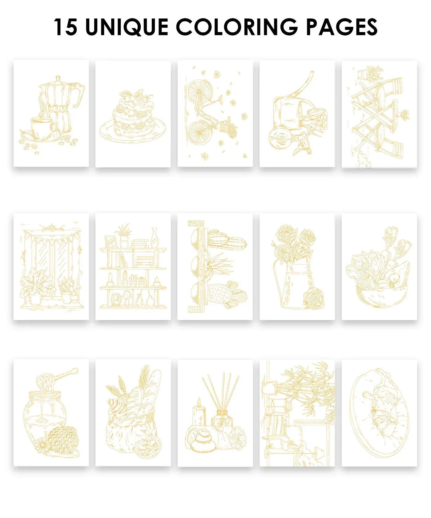 15 Sheets 140LB Essential-Themed Watercolor Coloring Book showing 15 unique line art pages for creative coloring with art supplies