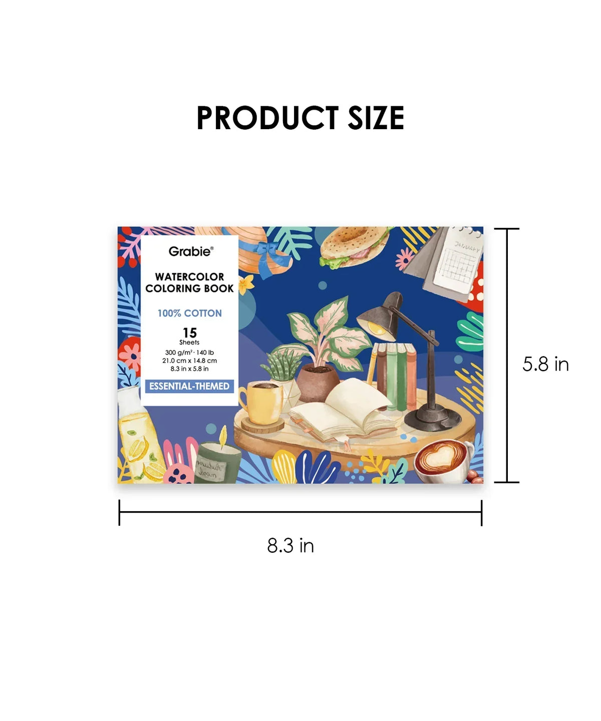 15 Sheets 140LB Essential-Themed Watercolor Coloring Book with colorful art supplies and cozy desk illustration