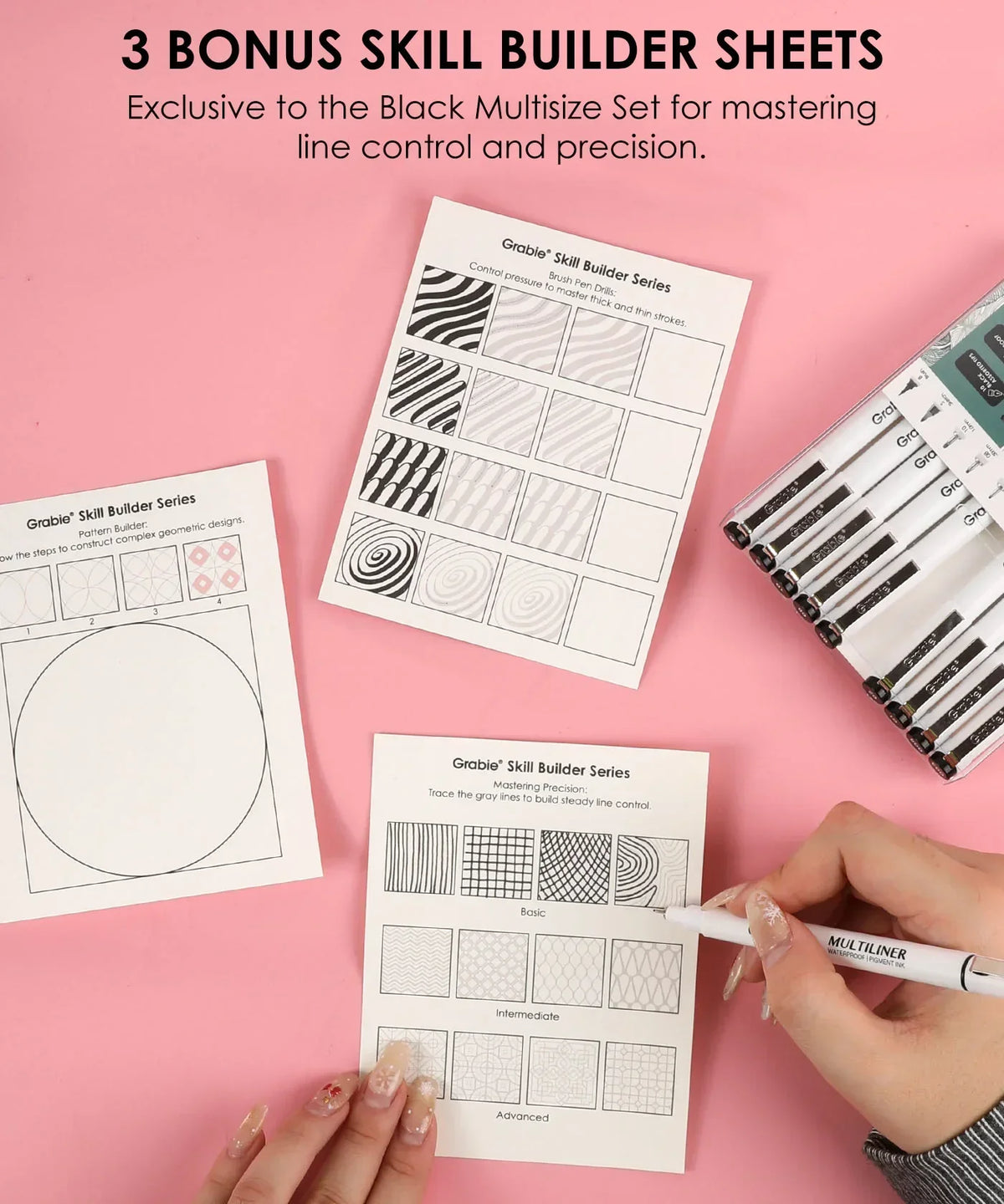 Waterproof Multiliner Drawing Pen Set Of 10 with skill builder sheets for mastering line control and precision in artwork
