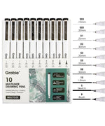 Waterproof Multiliner Drawing Pen Set Of 10 with black ink pens for sketching, outlining, and graphic design.