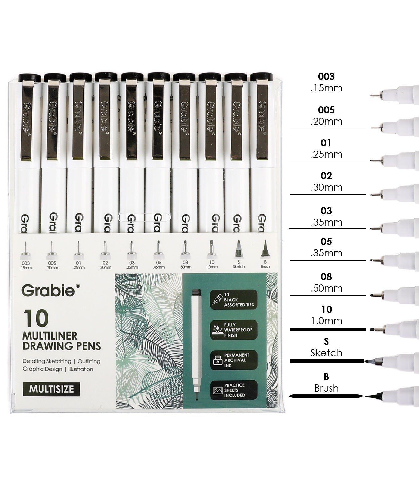 Waterproof Multiliner Drawing Pen Set Of 10 with black ink pens for sketching, outlining, and graphic design.