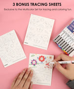 Waterproof Multiliner Drawing Pen Set Of 10 with color tracing sheets and hand coloring floral and animal sketches