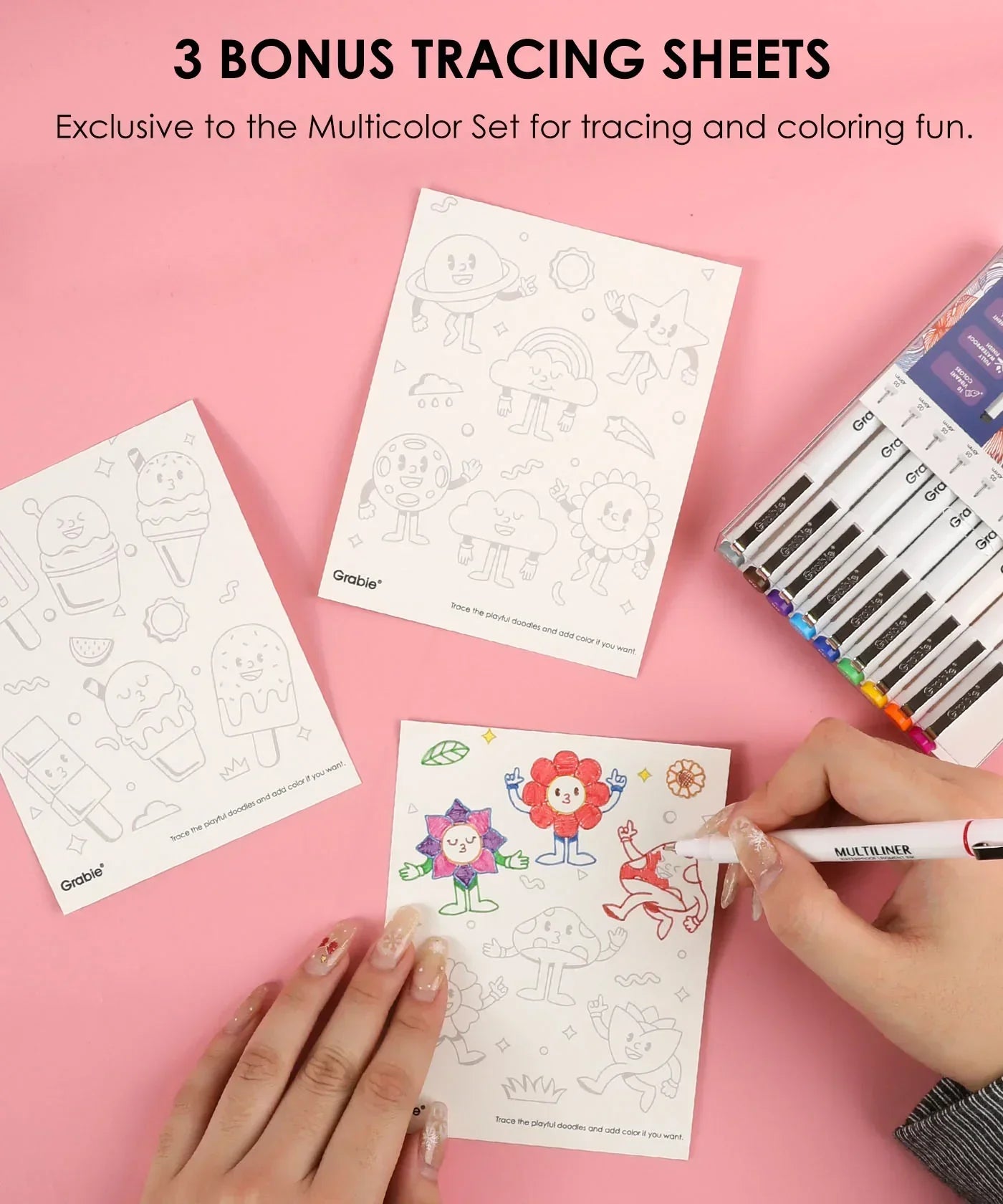 Waterproof Multiliner Drawing Pen Set Of 10 with color tracing sheets and hand coloring floral and animal sketches