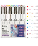 Waterproof Multiliner Drawing Pen Set Of 10 displayed with vibrant colored ink strokes for sketching and coloring.