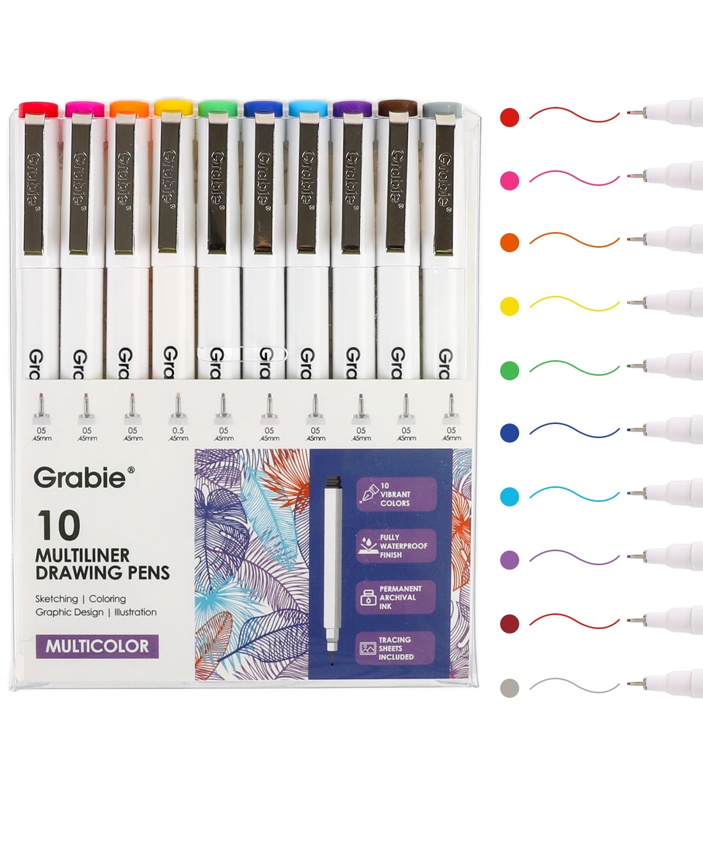 Waterproof Multiliner Drawing Pen Set Of 10 displayed with vibrant colored ink strokes for sketching and coloring.