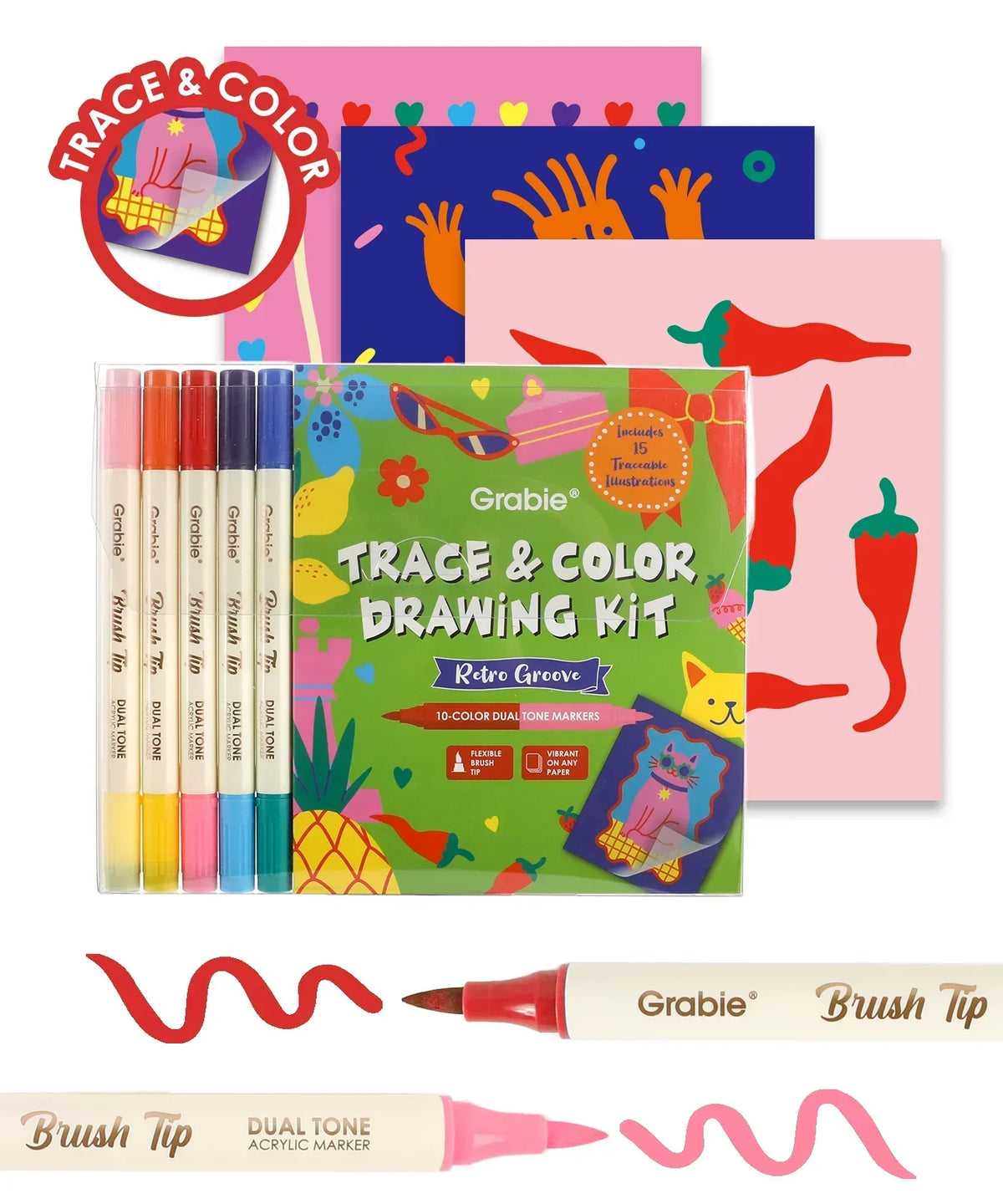 Trace & Color Drawing Kit with retro designs, dual tone markers, brush tip pens, and colorful art supplies for tracing and coloring.