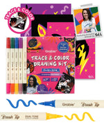Trace & Color Drawing Kit with 10 dual tone markers, featuring exclusive vibrant artwork by Yeti and brush tips.