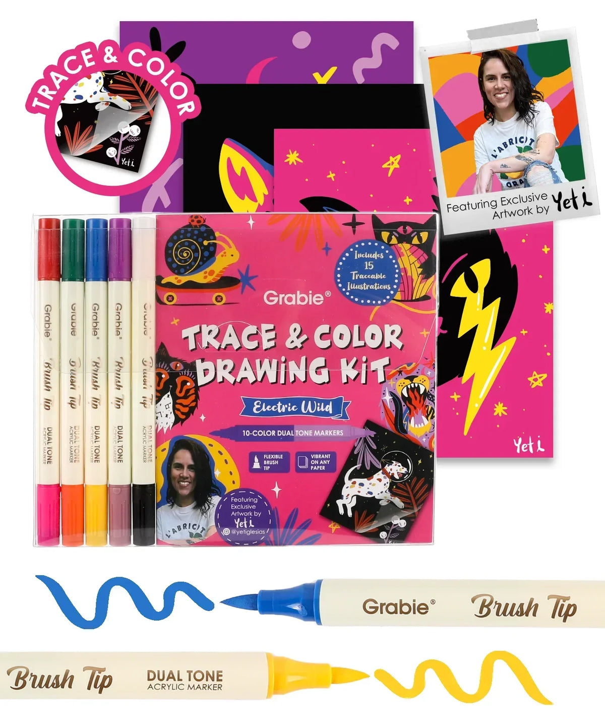 Trace & Color Drawing Kit with 10 dual tone markers, featuring exclusive vibrant artwork by Yeti and brush tips.