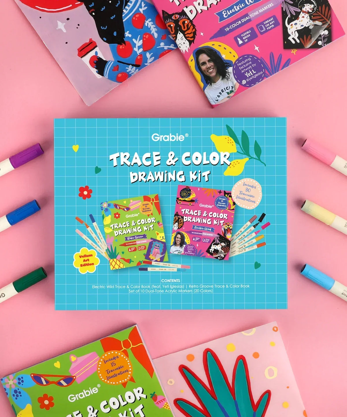 Bright Trace & Color Drawing Kit box surrounded by colorful markers and art supplies on a pink surface
