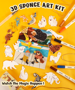 Drop to Puff 3D Sponge Art Kit with animal shapes, markers, and paintbrushes for creative art projects on a yellow background.