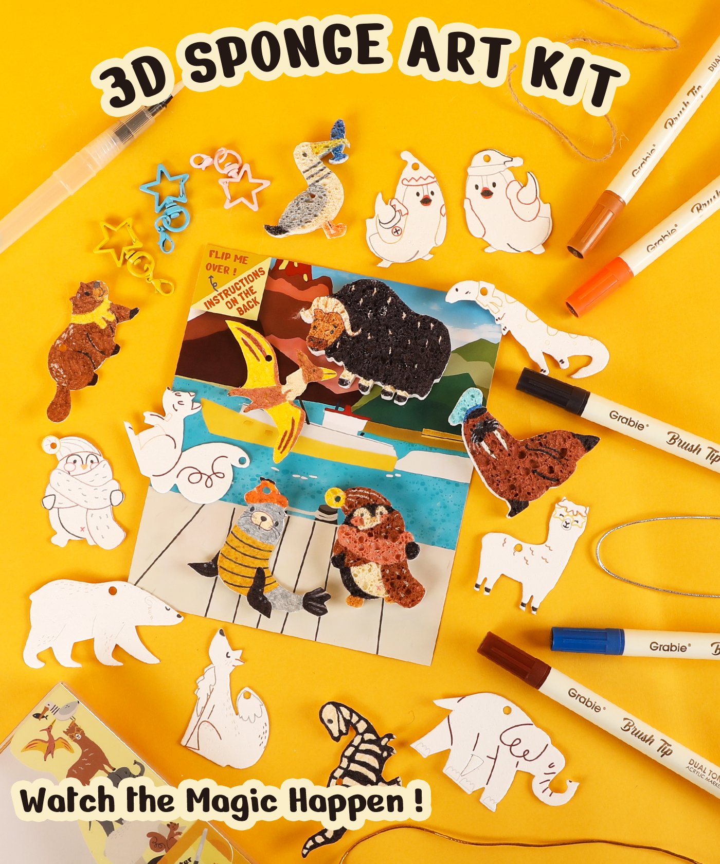 Drop to Puff 3D Sponge Art Kit with animal shapes, markers, and paintbrushes for creative art projects on a yellow background.