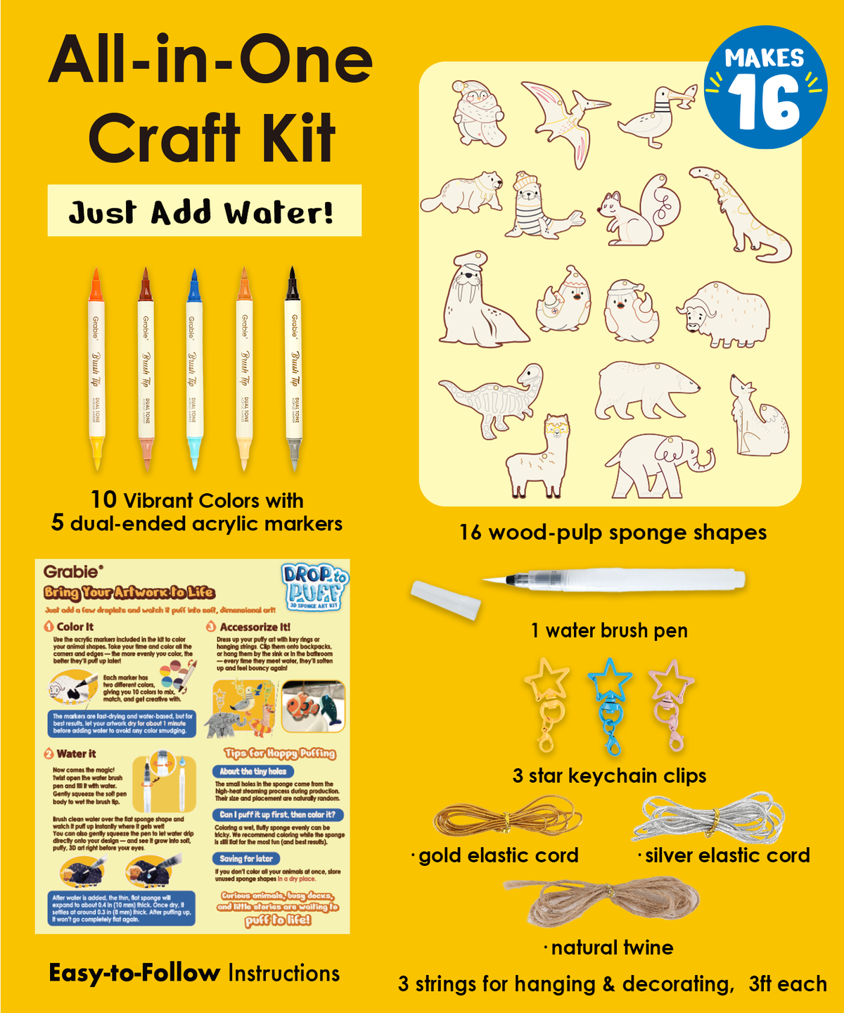 Drop to Puff 3D Sponge Art Kit with vibrant dual-ended markers, wood-pulp sponge shapes, keychain clips, and water brush pen.