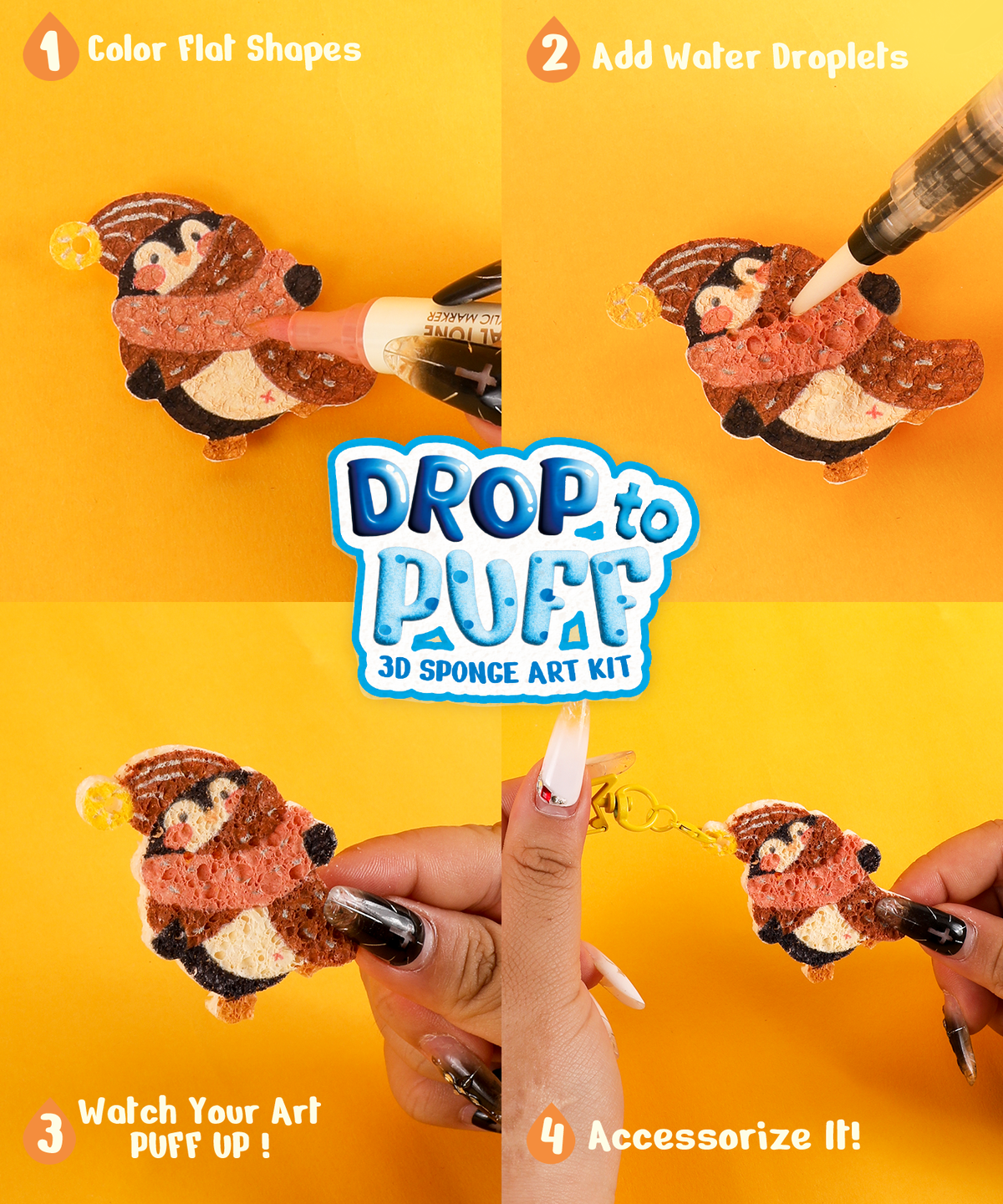 Step-by-step process of creating a puffed penguin keychain with Drop to Puff 3D Sponge Art Kit on yellow .