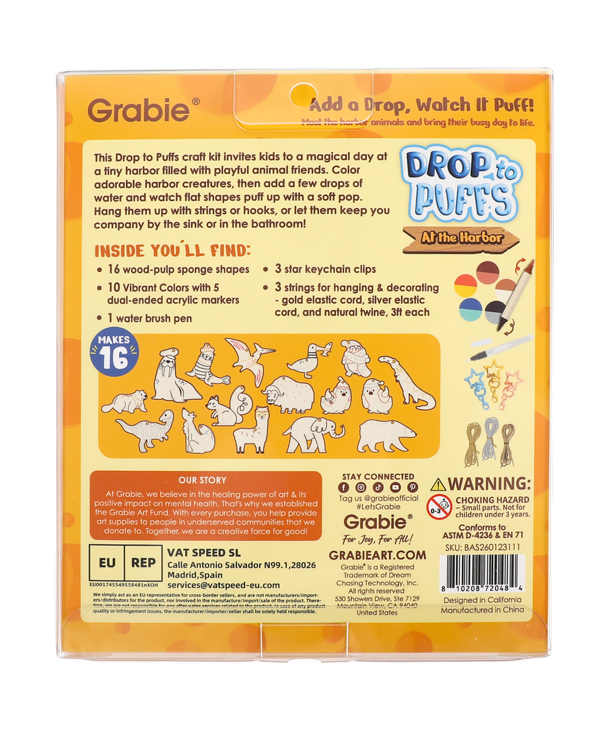Drop to Puff 3D Sponge Art Kit packaging showing craft shapes, markers, strings, and keychain clips for creative art supplies..