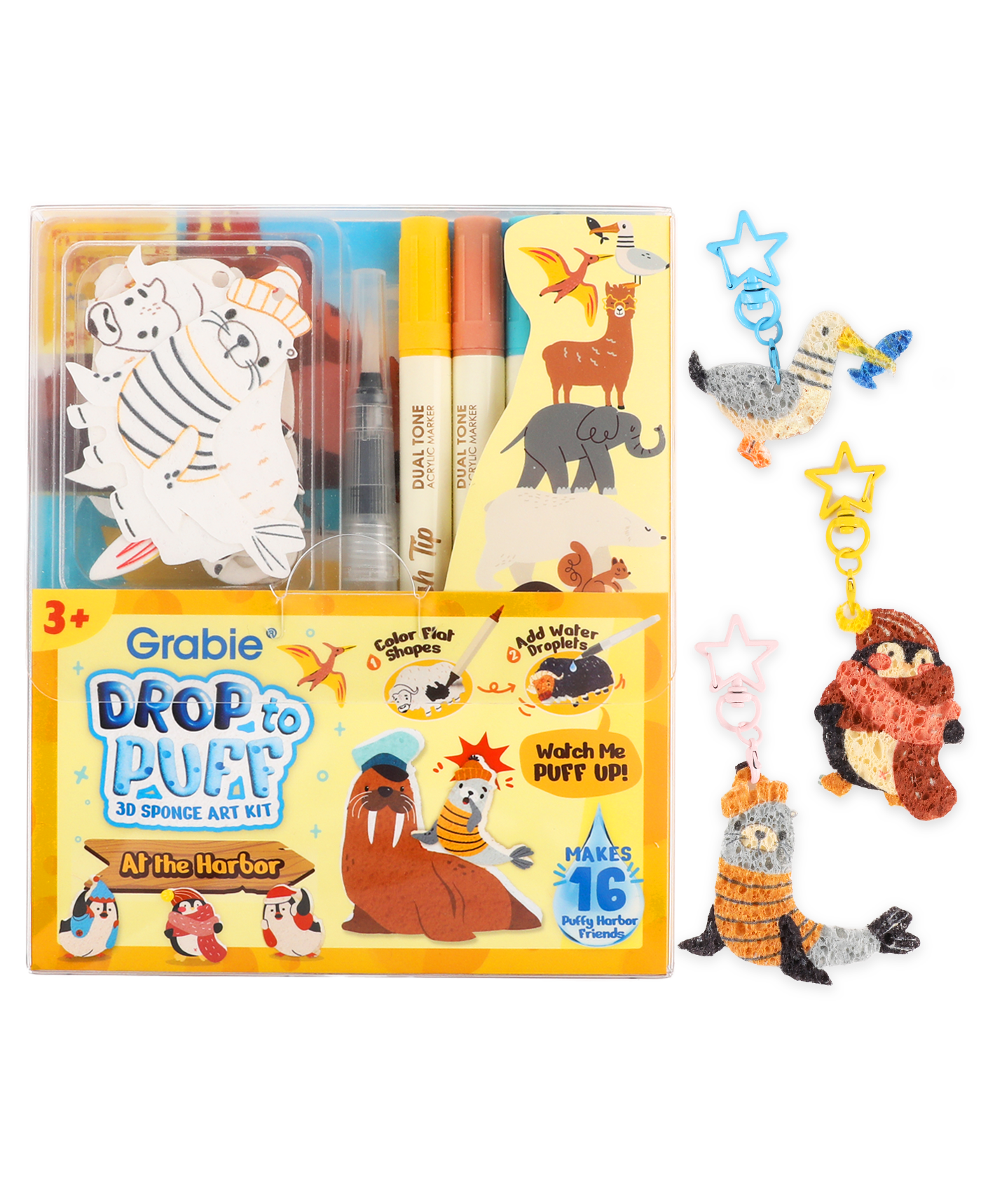 Drop to Puff 3D Sponge Art Kit with markers and puffed animal keychain crafts for creative art play.#At-the-Harbor