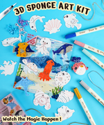 Drop to Puff 3D Sponge Art Kit with marine animal shapes, markers, and crafting accessories on blue background 