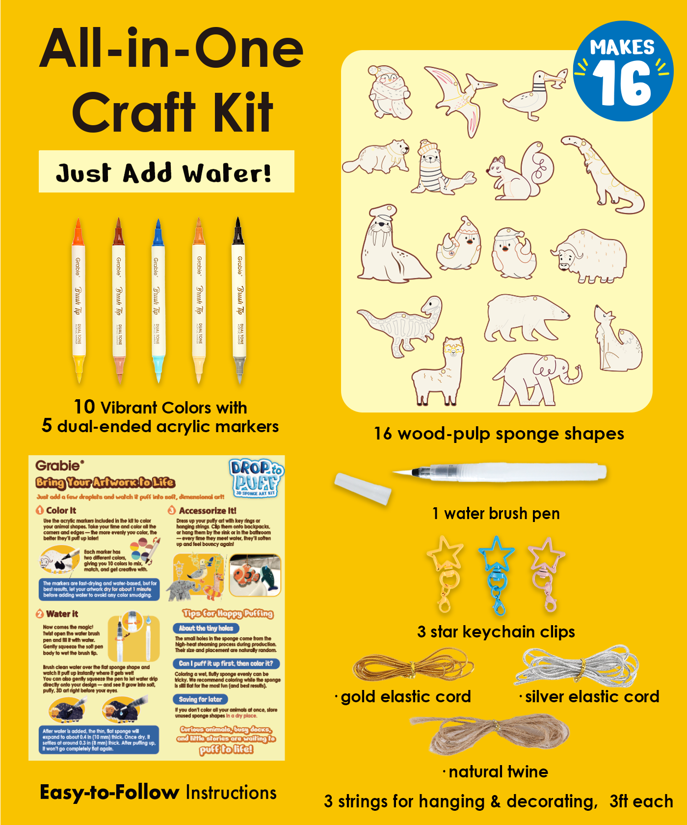 Drop to Puff 3D Sponge Art Kit with vibrant dual-ended markers, wood-pulp sponge shapes, water brush pen, and star keychain clips 