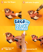 Step-by-step use of Drop to Puff 3D Sponge Art Kit creating a puffed penguin keychain accessory.