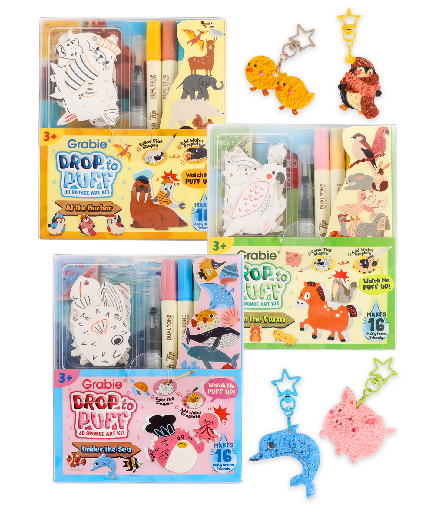 Drop to Puff 3D Sponge Art Kit with colorful markers and animal sponge shapes for creative art fun 
