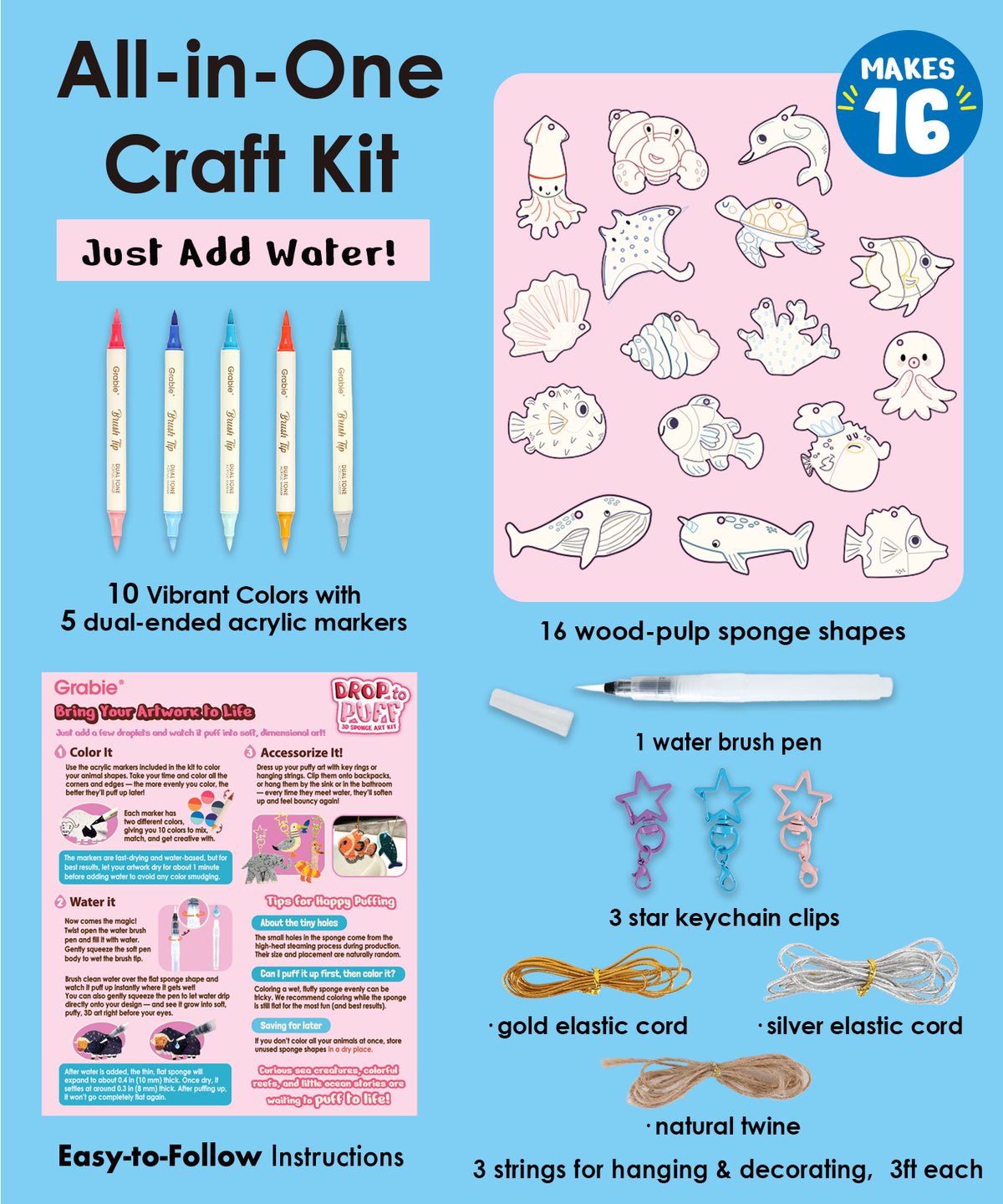 Drop to Puff 3D Sponge Art Kit with colorful markers, sponge shapes, water brush pen, keychain clips, and cords for crafts