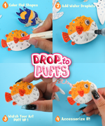 Step-by-step creative process using Drop to Puff 3D Sponge Art Kit to color and puff fish shapes with markers and water droplets.