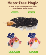 Drop to Puff 3D Sponge Art Kit showing before and after water puffing effects on animal-shaped sponge art pieces