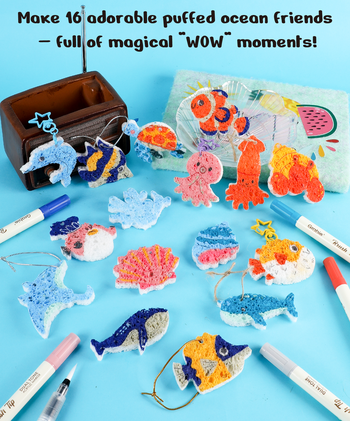 Drop to Puff 3D Sponge Art Kit ocean animal crafts with markers and pens on blue background for kids art supplies
