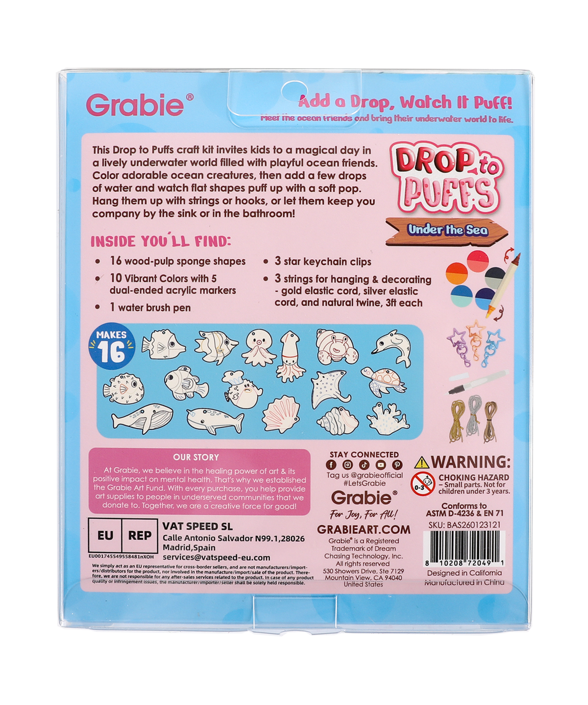 Drop to Puff 3D Sponge Art Kit with colorful ocean animal shapes, markers, and crafting supplies for kids.