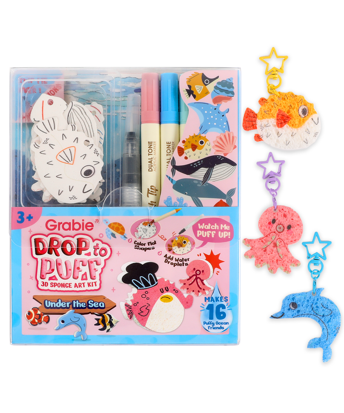 Drop to Puff 3D Sponge Art Kit with colorful markers, sea creature shapes, and puffing ocean friends craft supplies.#Under-the-Sea