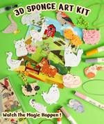 Drop to Puff 3D Sponge Art Kit featuring colorful animal shapes, markers, and creative art supplies on green background 