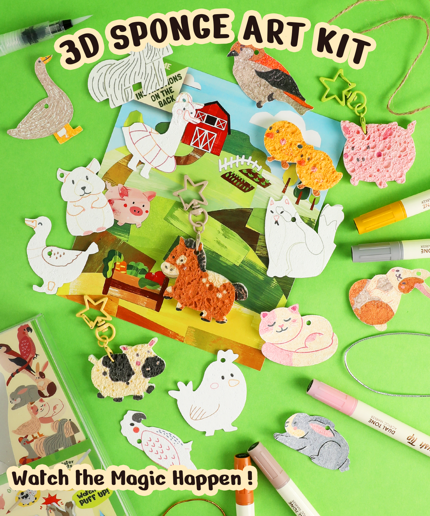 Drop to Puff 3D Sponge Art Kit featuring colorful animal shapes, markers, and creative art supplies on green background 