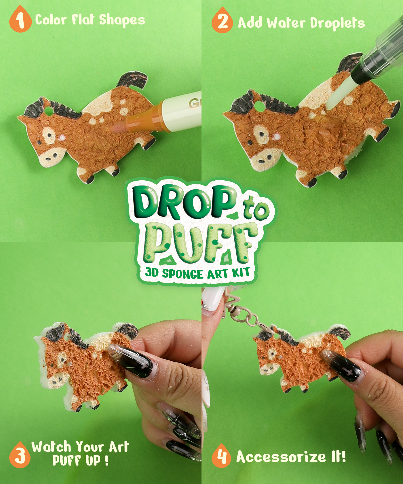 Hands using markers to color, add water droplets, and accessorize a textured donkey keychain with Drop to Puff 3D Sponge Art Kit