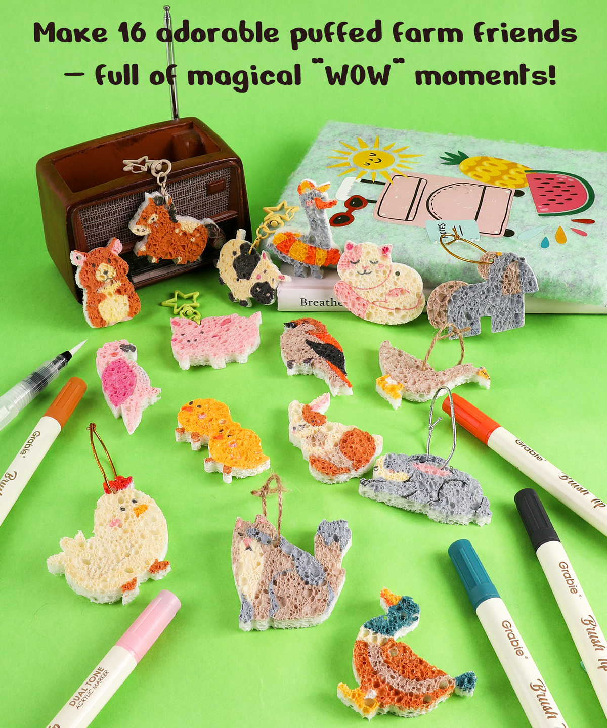 Drop to Puff 3D Sponge Art Kit with colorful puffed animal shapes, watercolor markers, and creative art supplies on green background