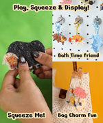 Drop to Puff 3D Sponge Art Kit showing colorful animal sponge charms being squeezed, hung, and used as bag decorations