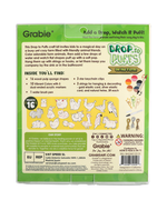 Back of Drop to Puff 3D Sponge Art Kit showing colorful farm animal shapes, markers, and strings for hanging crafts