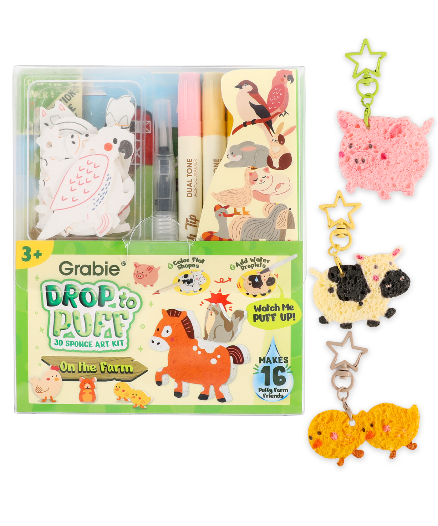 Grabie Drop to Puff 3D Sponge Art Kit with markers and animal shapes for creating puffy farm art crafts.