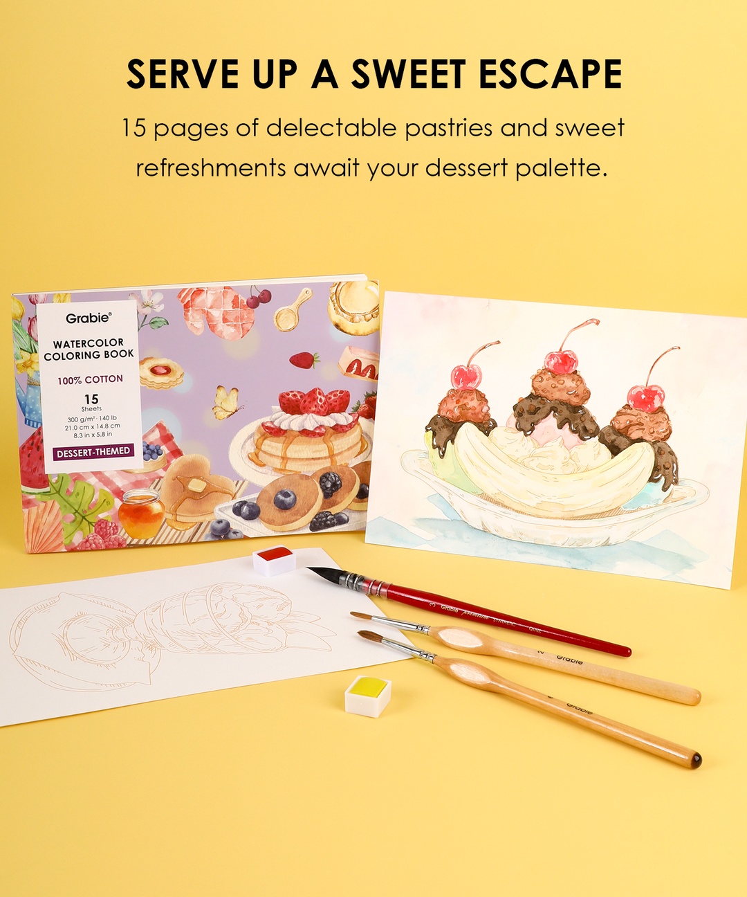 15 Sheets 140LB Dessert-Themed Watercolor Coloring Book