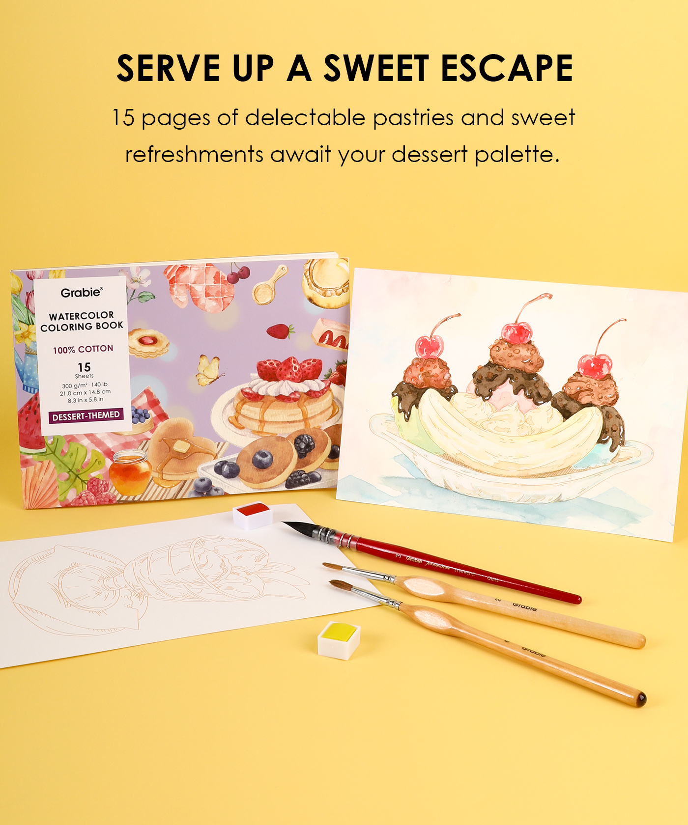 15 Sheets 140LB Dessert-Themed Watercolor Coloring Book