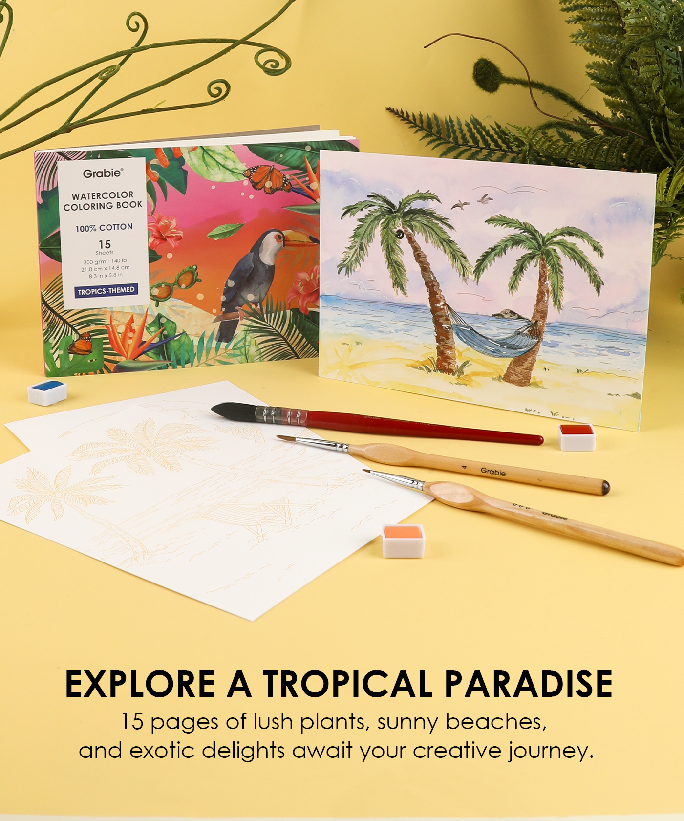15 Sheets 140LB Tropics-Themed Watercolor Coloring Book