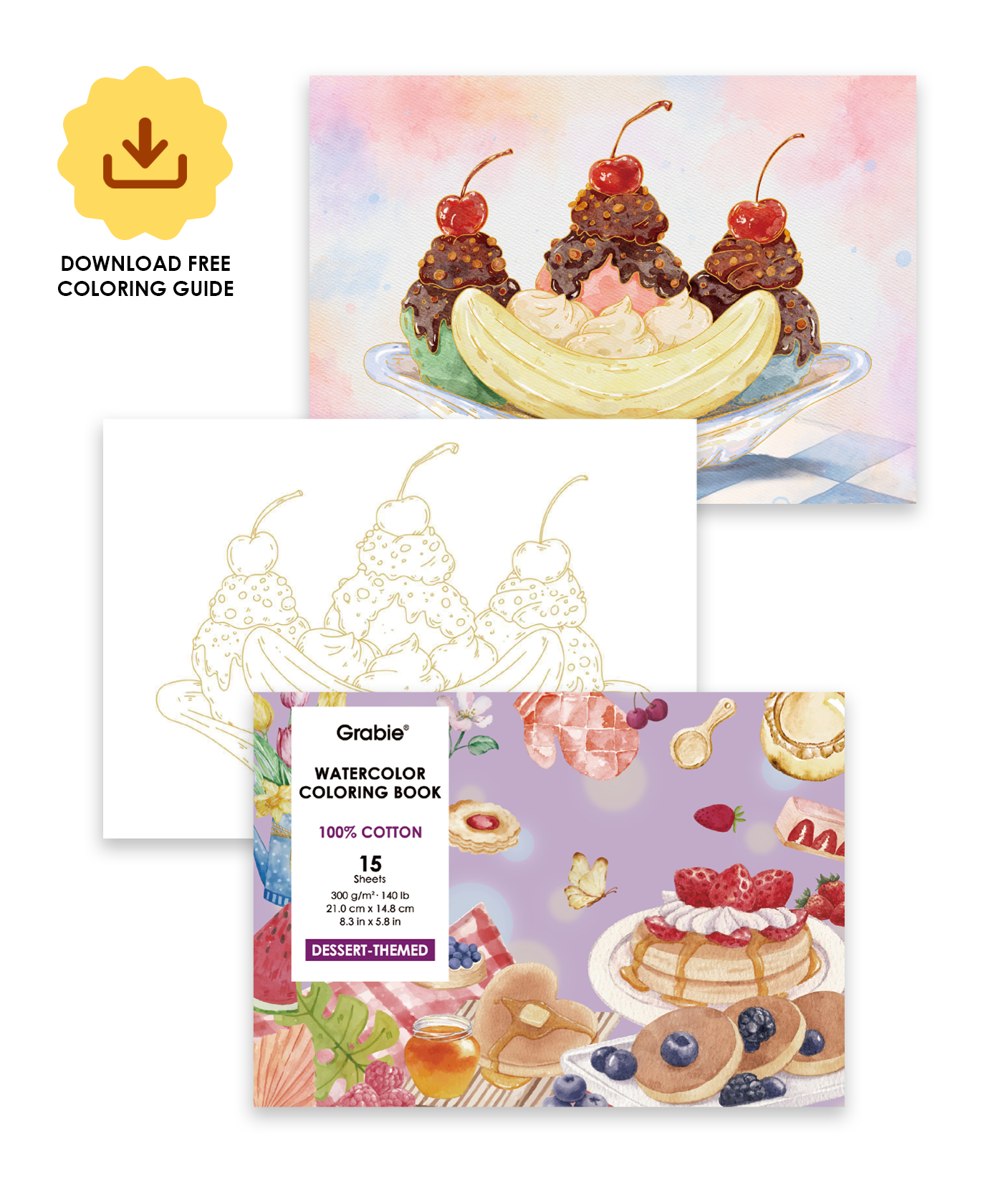 15 Sheets 140LB Dessert-Themed Watercolor Coloring Book