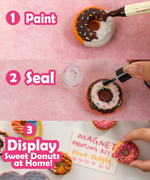 Step-by-step process of using Magnet Painting Kit (DIY Refrigerator Magnet Kit) to paint, seal, and display donut magnets. 