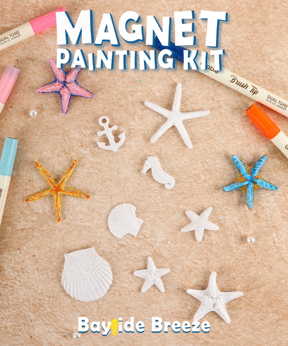 Magnet Painting Kit (DIY Refrigerator Magnet Kit) with starfish and seashell shapes and colorful markers for art supplies. 