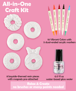Magnet Painting Kit (DIY Refrigerator Magnet Kit) with bayside resin pieces, dual-ended markers, and gloss sealer for crafting. 