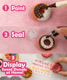 Step-by-step painting and sealing of a donut magnet using the Magnet Painting Kit (DIY Refrigerator Magnet Kit) with art supplies.